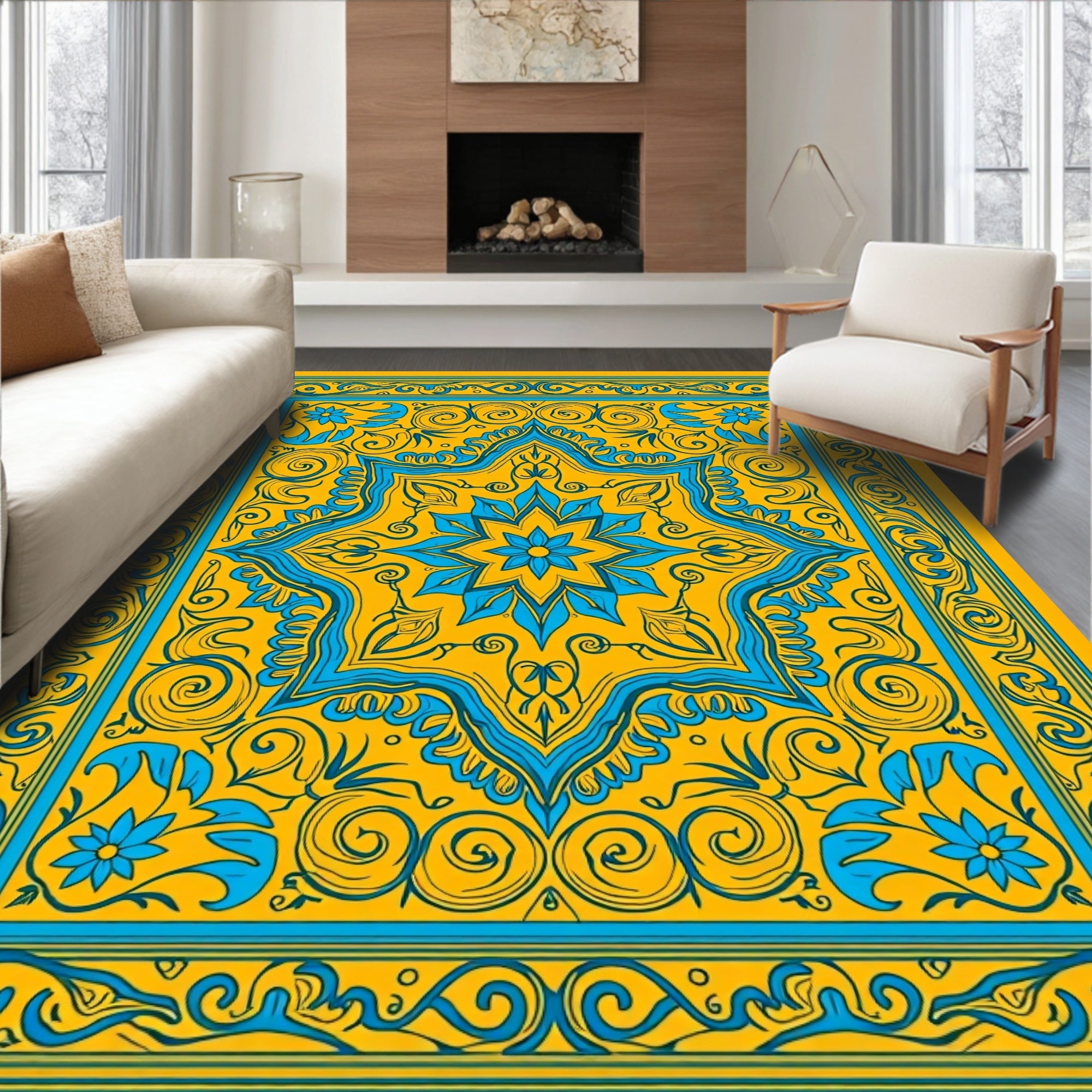 Golden Sunburst Floral Border Rug