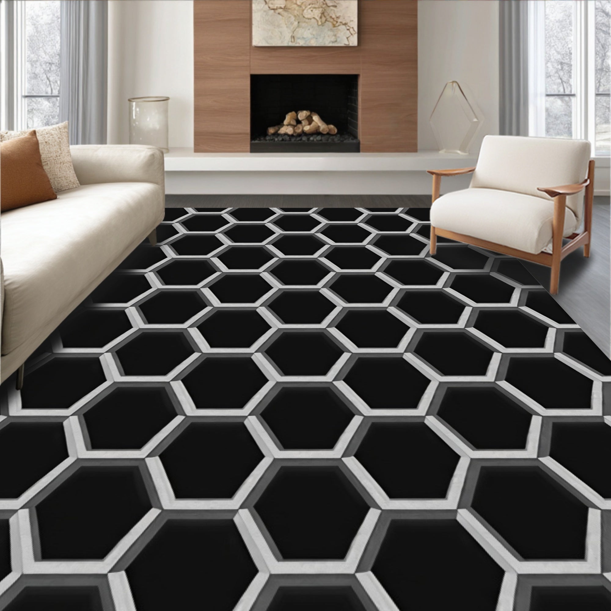 Geometric Honeycomb Shadow Hexagon Rug