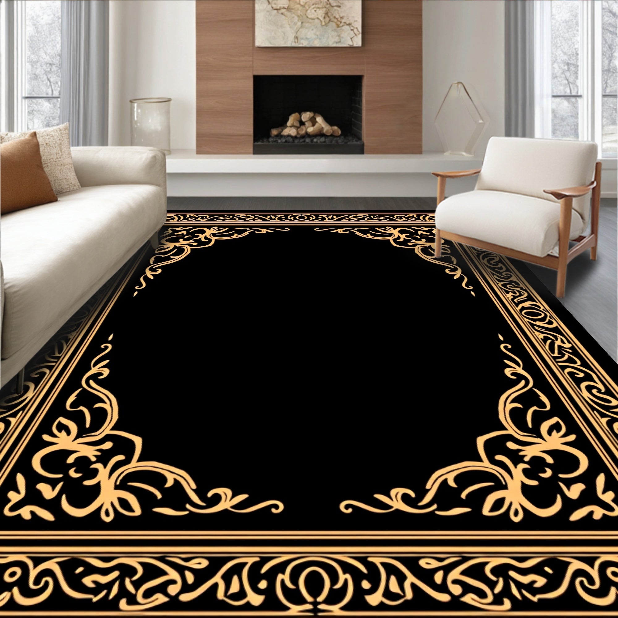 Golden Ornate Scrollwork Frame Design Rug