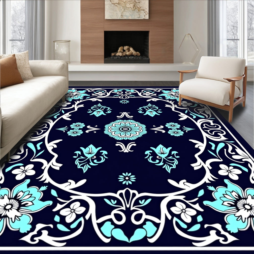 Aqua Floral Vines Mandala Pattern Rug