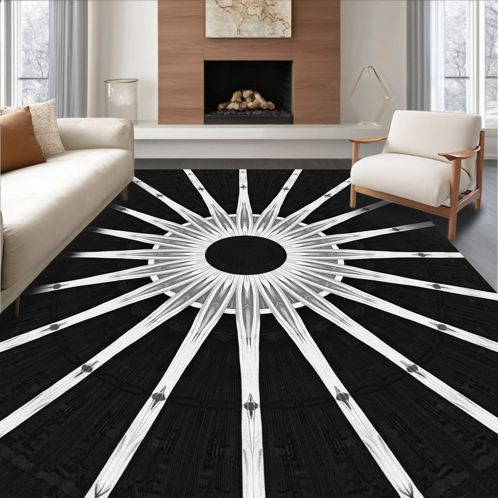 Radiating Starburst Geometric Black White Design Rug