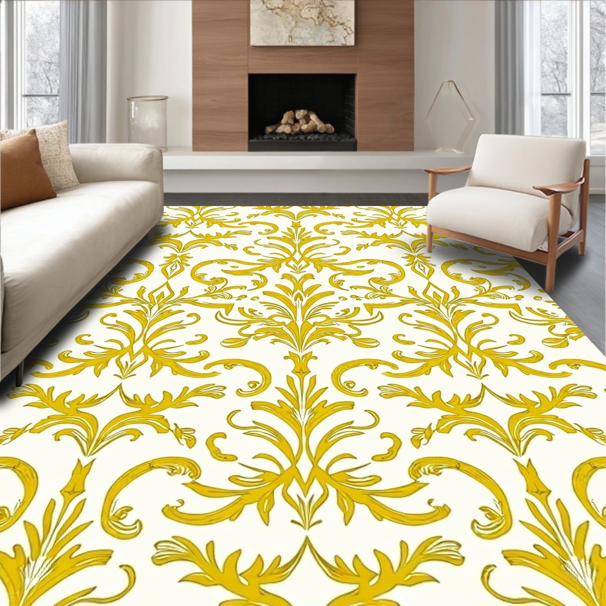Gold Elaborate Traditional Damask Rug