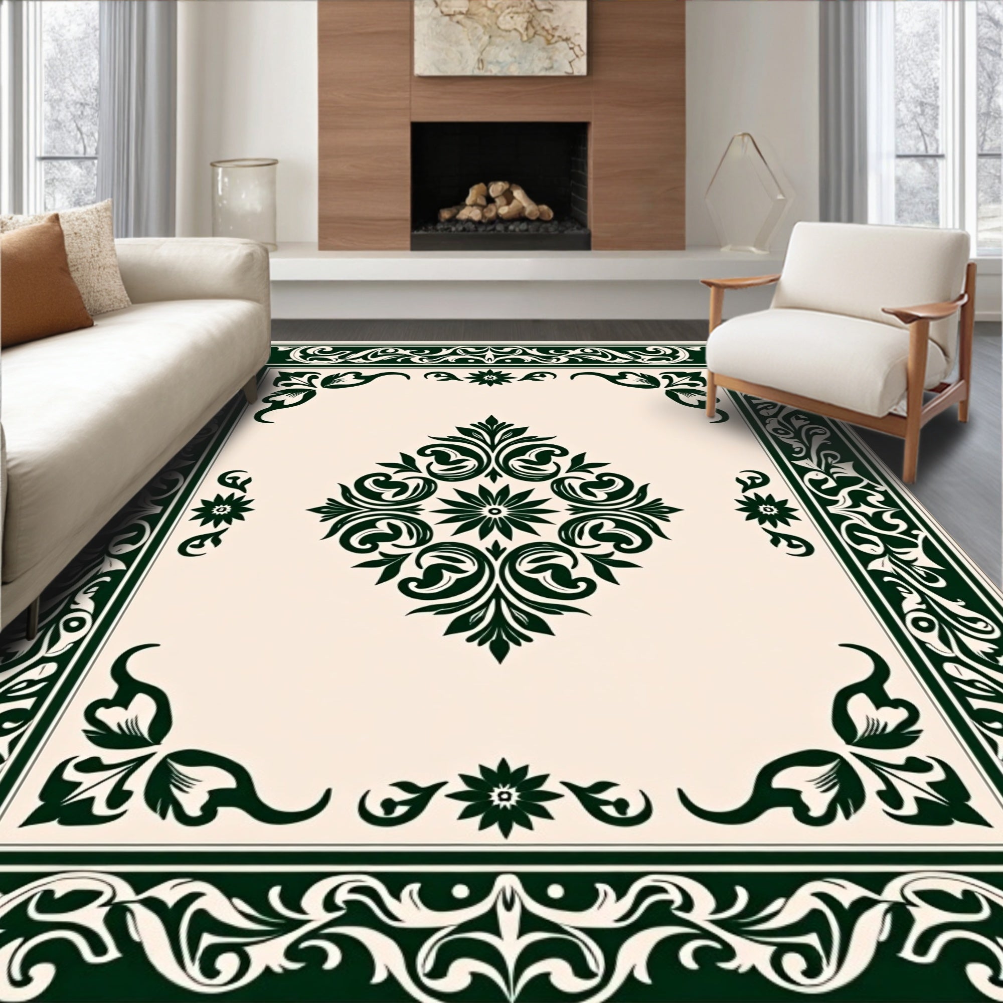 Elegant Dark Green Floral Medallion Design Rug