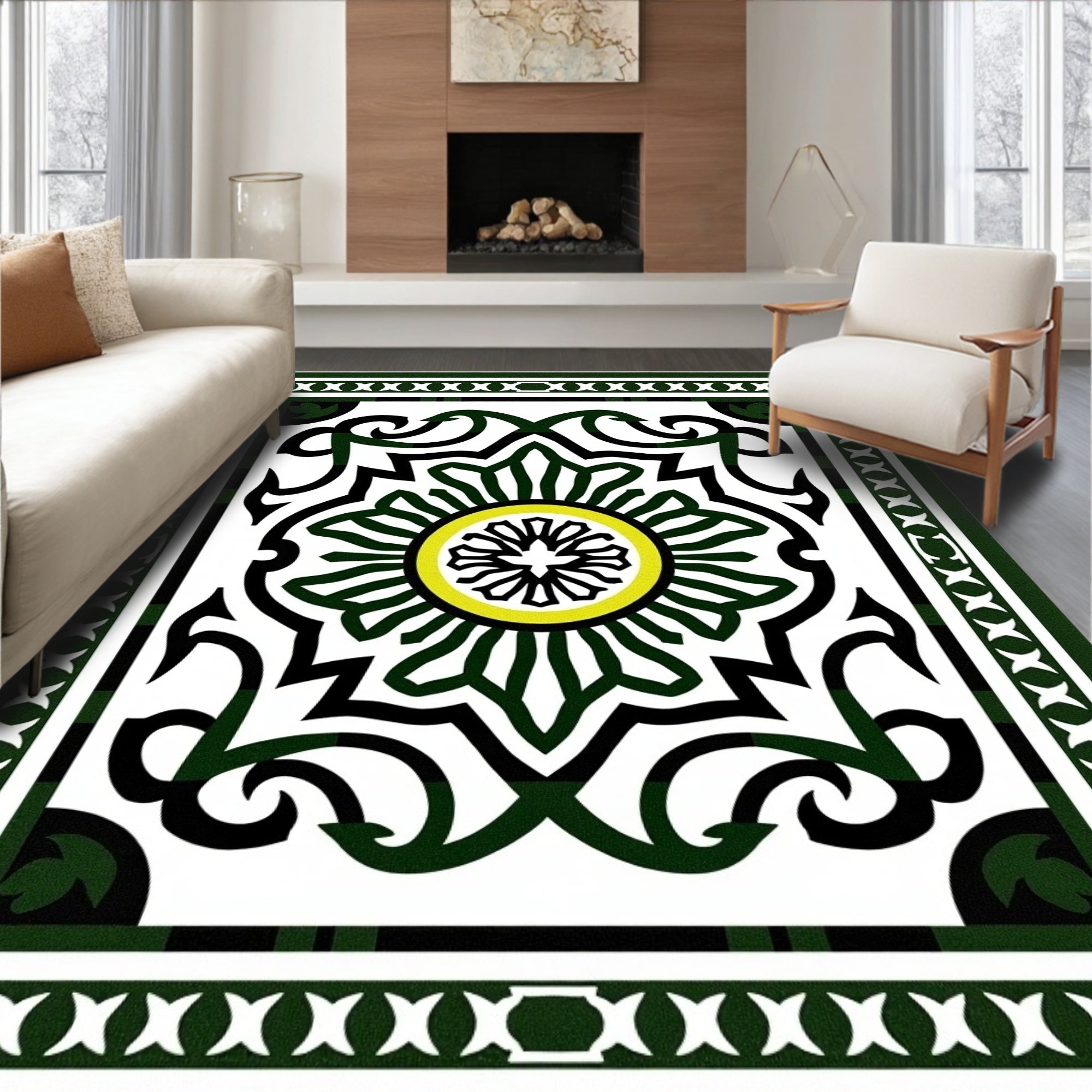 Detailed Floral Patterned Green Artwork Rug
