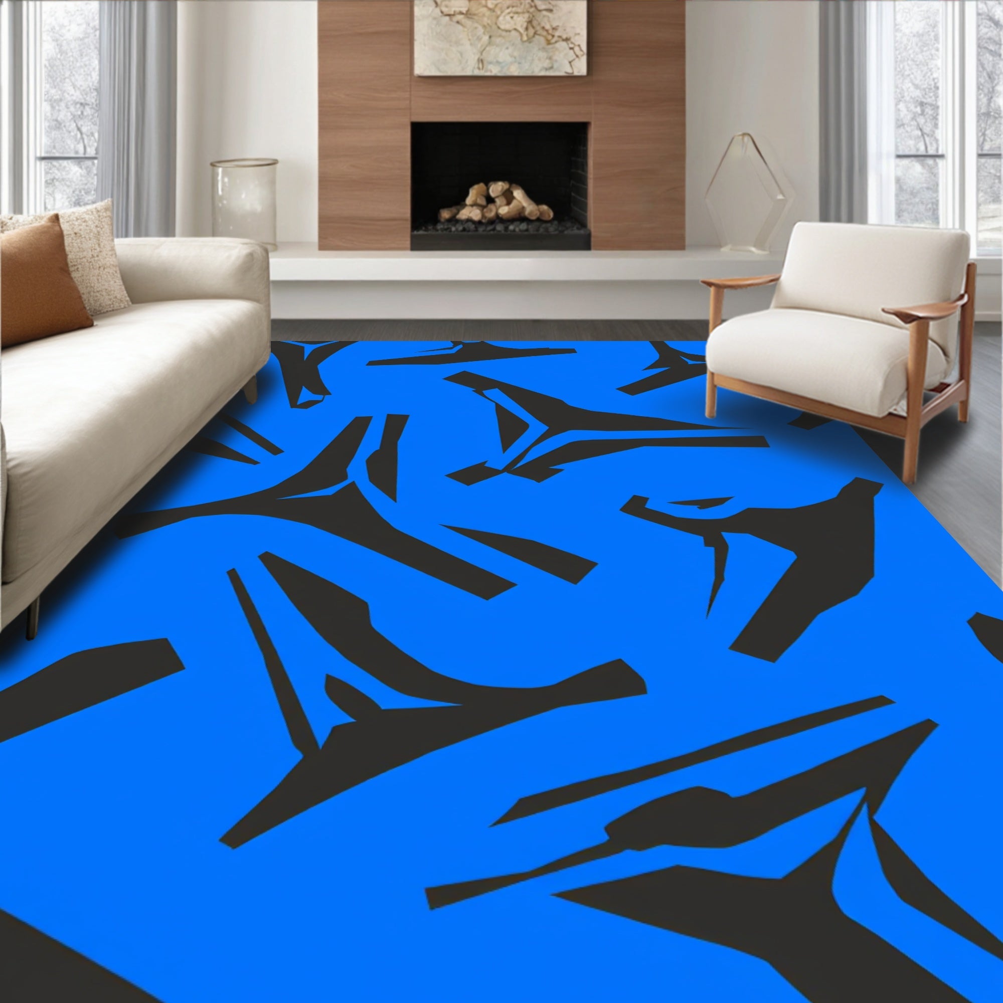 Abstract Blue Black Dynamic Shapes Rug