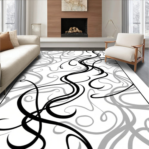 Abstract Black Swirls Grey Lines Rug