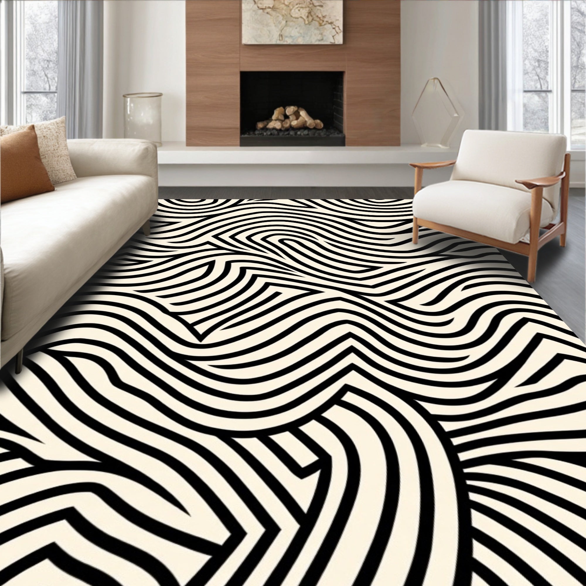 Abstract Swirl Black Ivory Pattern Rug