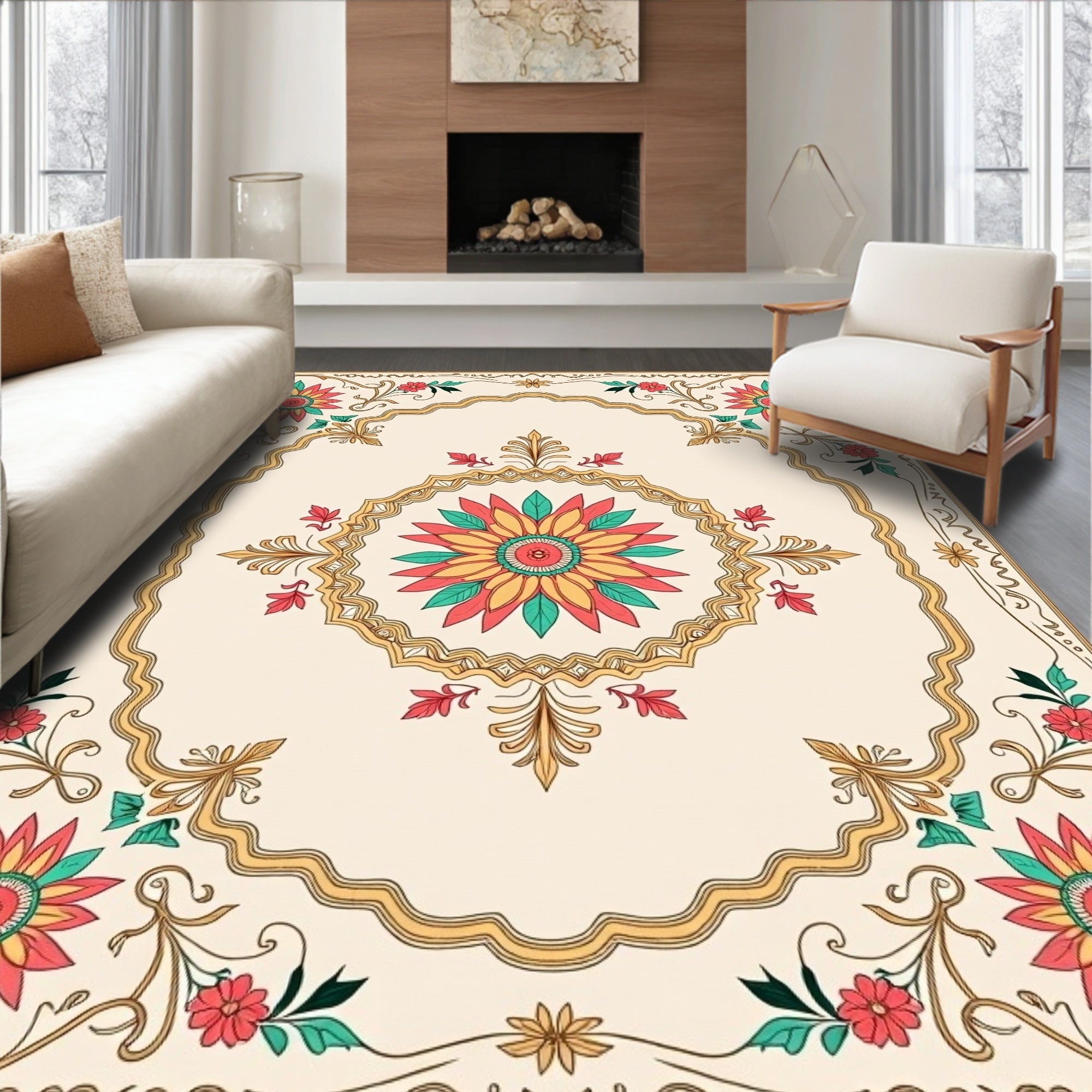Ornate Floral Medallion Border Design Rug