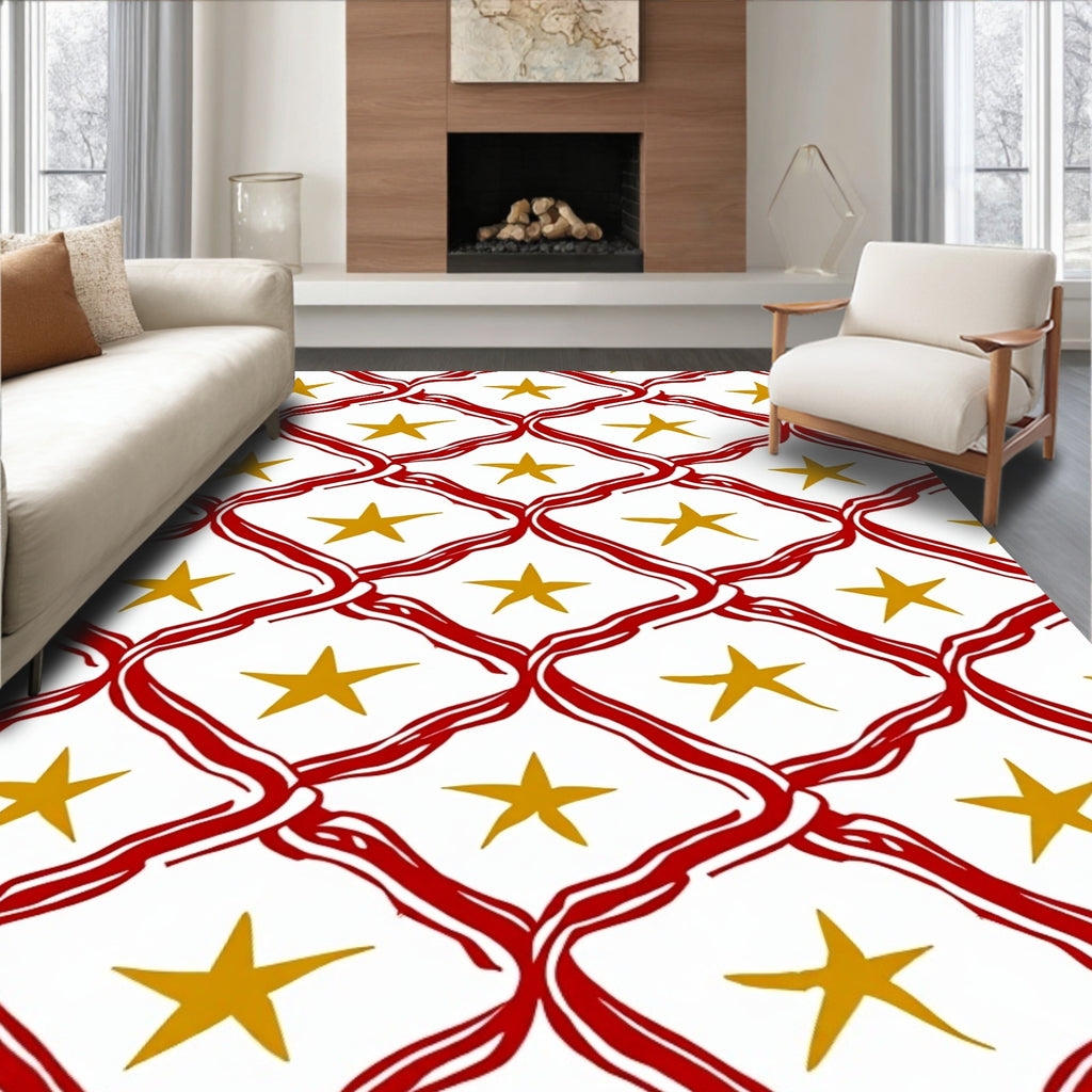Red White Gold Star Geometric Intertwined Rug