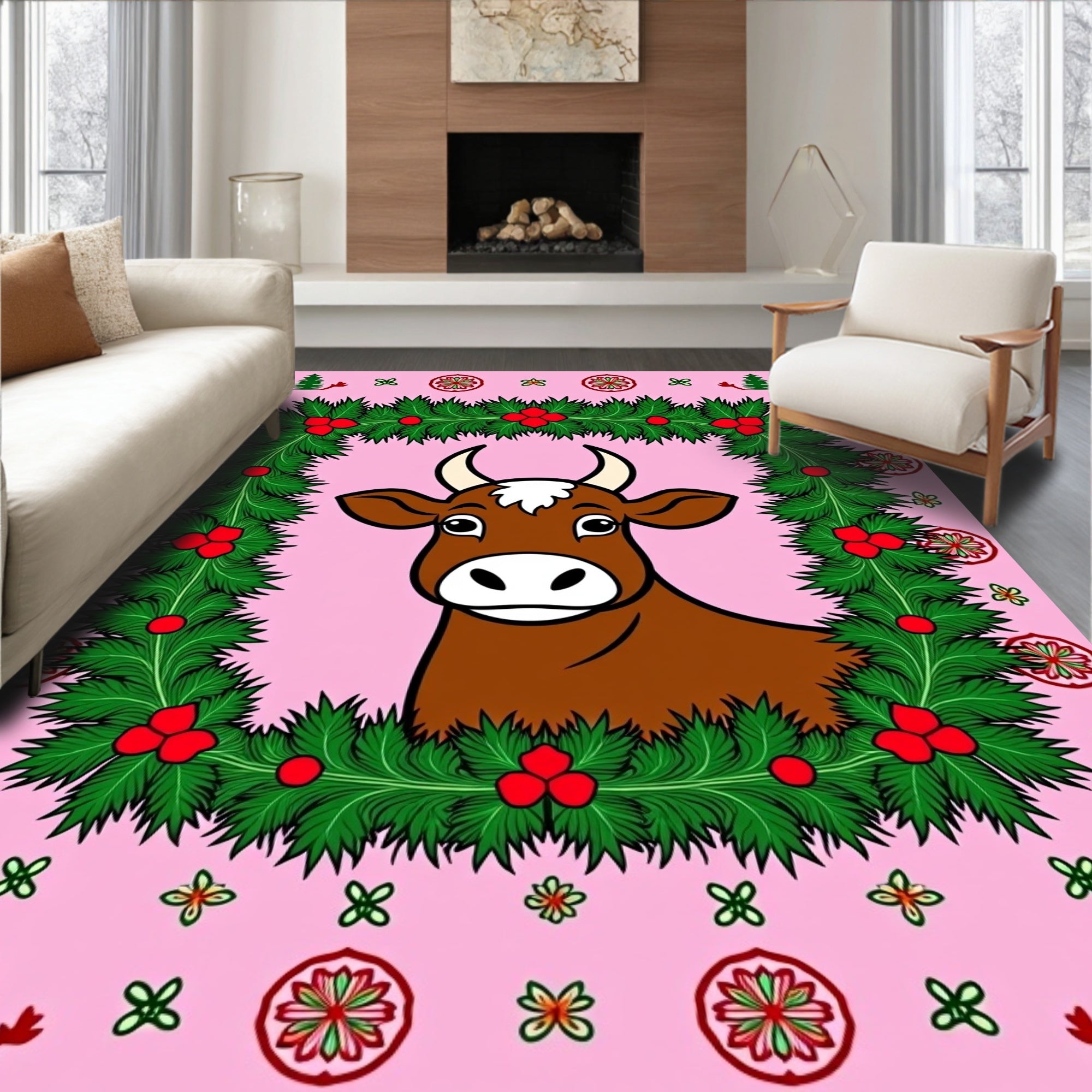 Pink Festive Cow Wreath Holly Rug