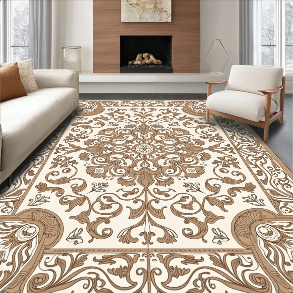 Ornate Brown Floral Scroll Pattern Rug