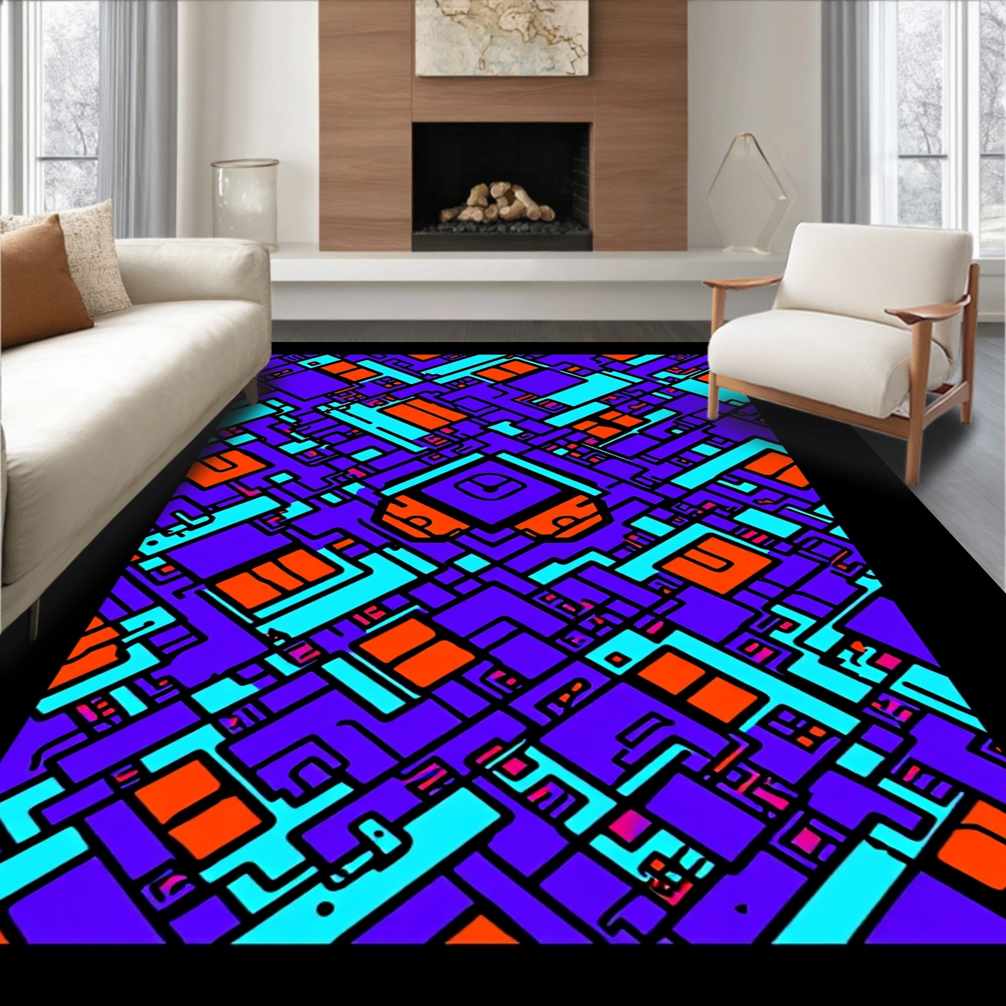 Abstract Circuit Board Geometric Rug