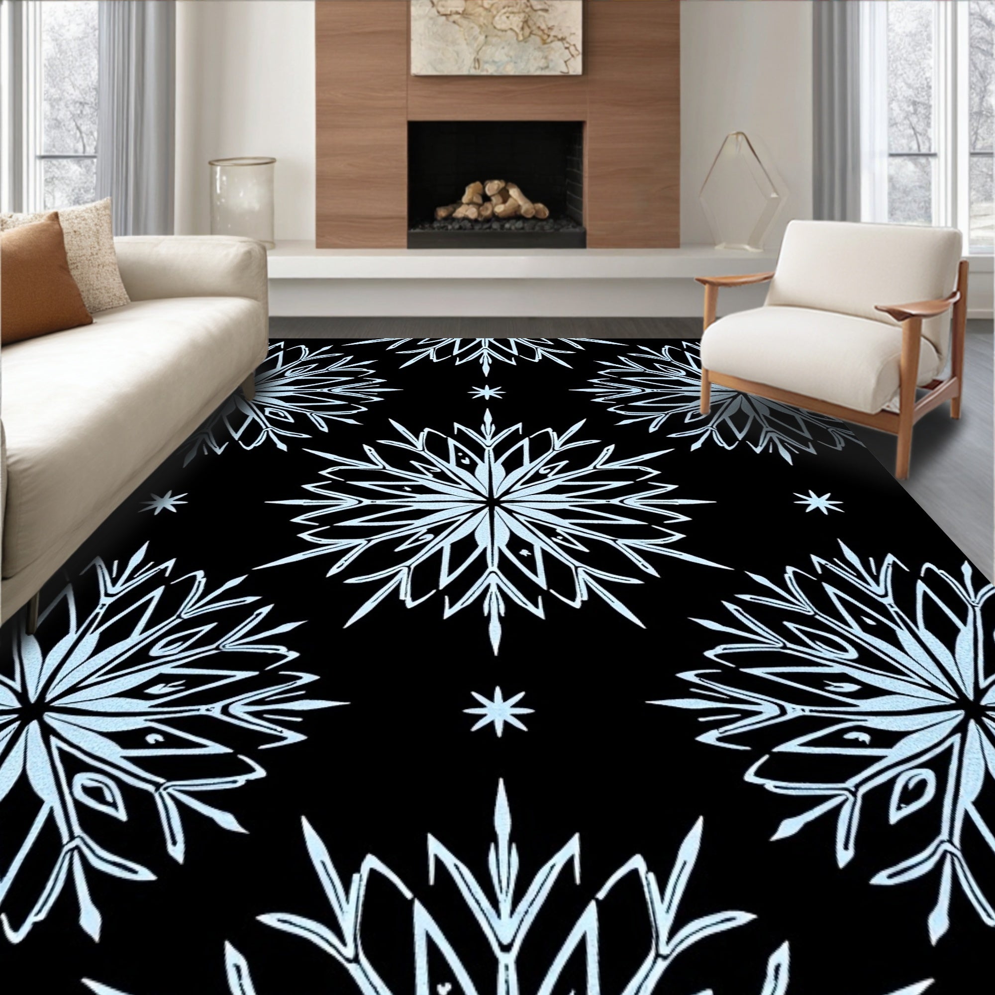 Light Blue Snowflake Black Starburst Rug