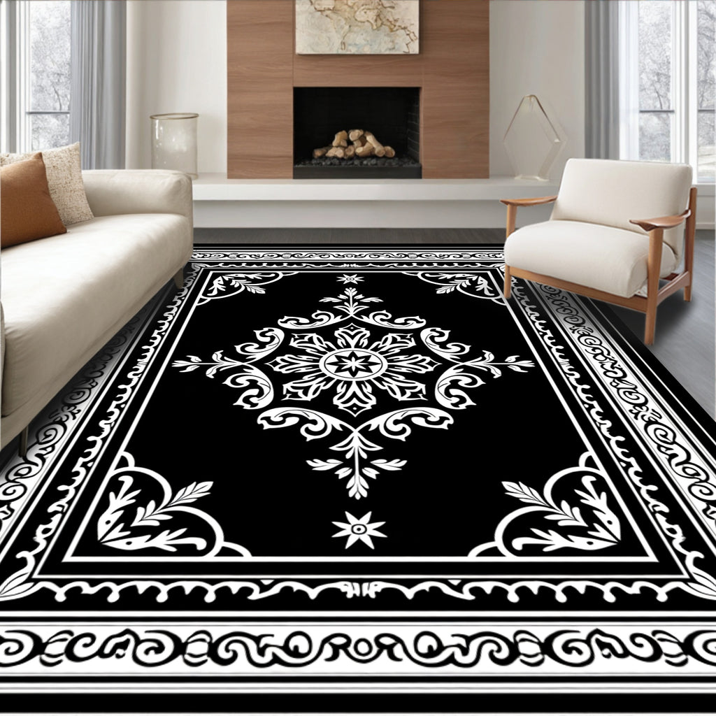 Intricate Black White Floral Border Rug