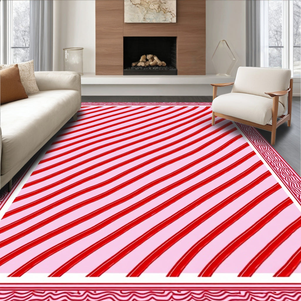 Red Pink Diagonal Stripe Border Rug