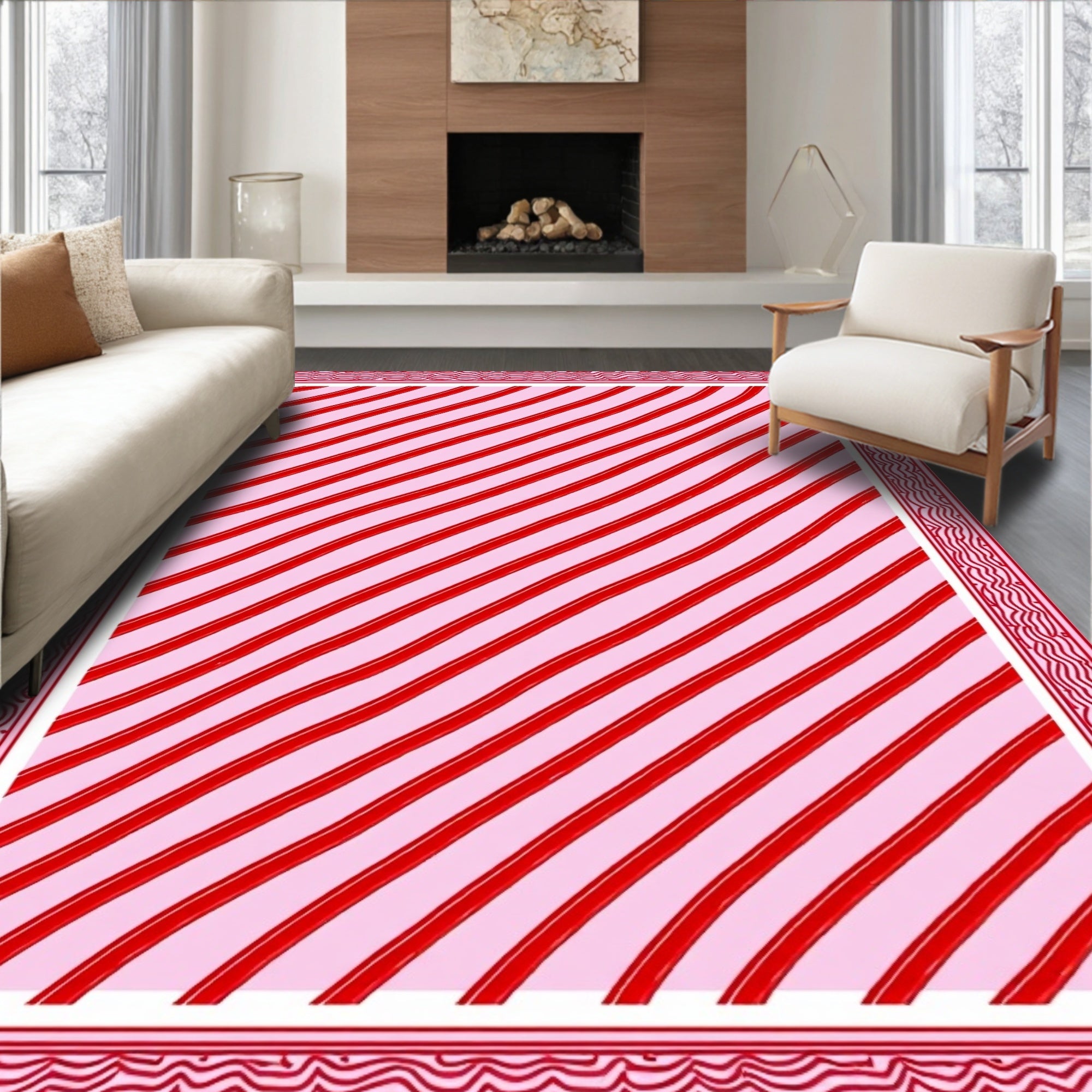 Red Pink Diagonal Stripe Border Rug