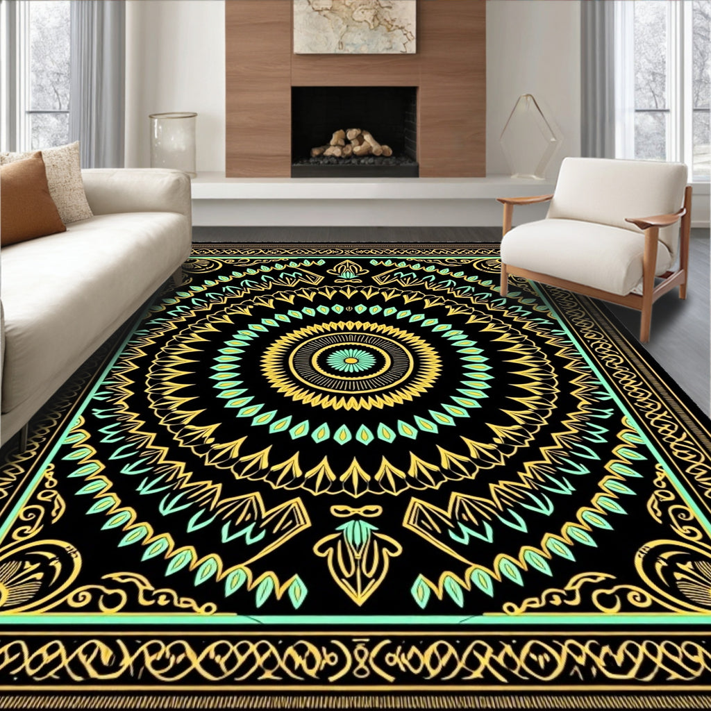 Black Gold Teal Medallion Pattern Rug