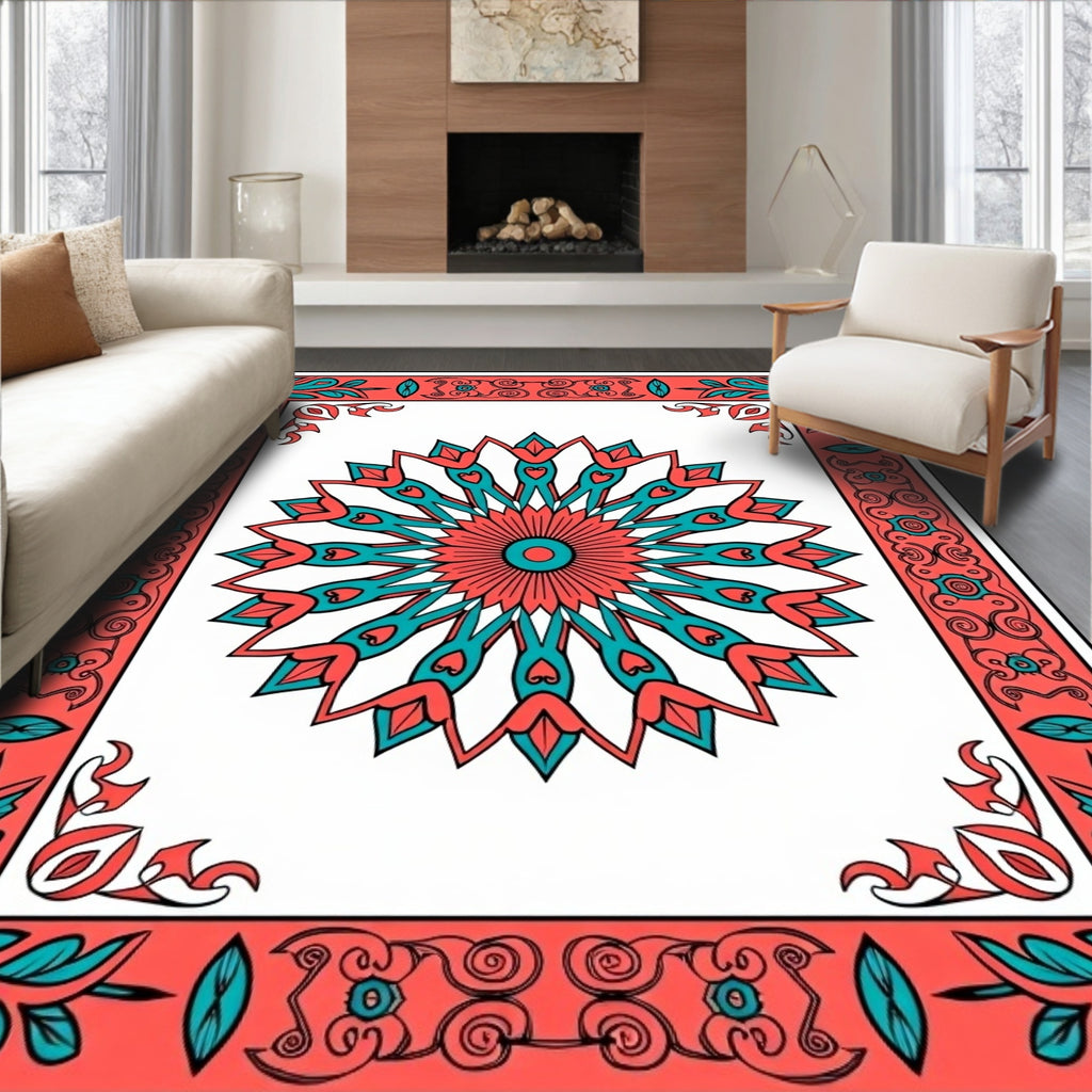 Coral Teal Floral Mandala Design Rug
