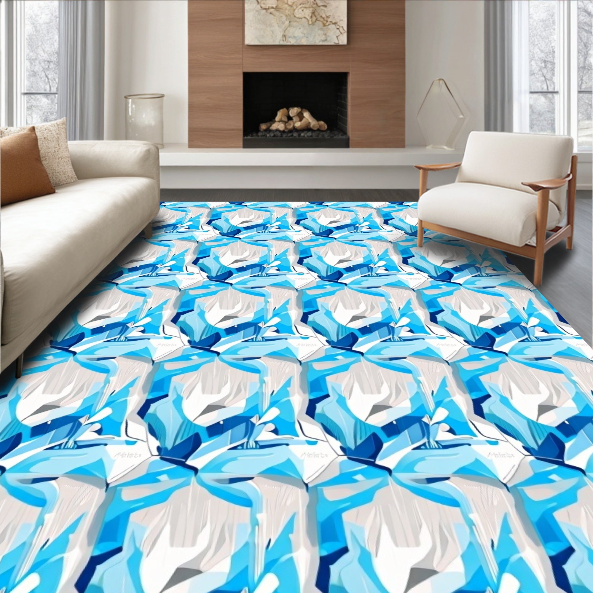 Abstract Blue Geometric Interlocking Pattern Rug