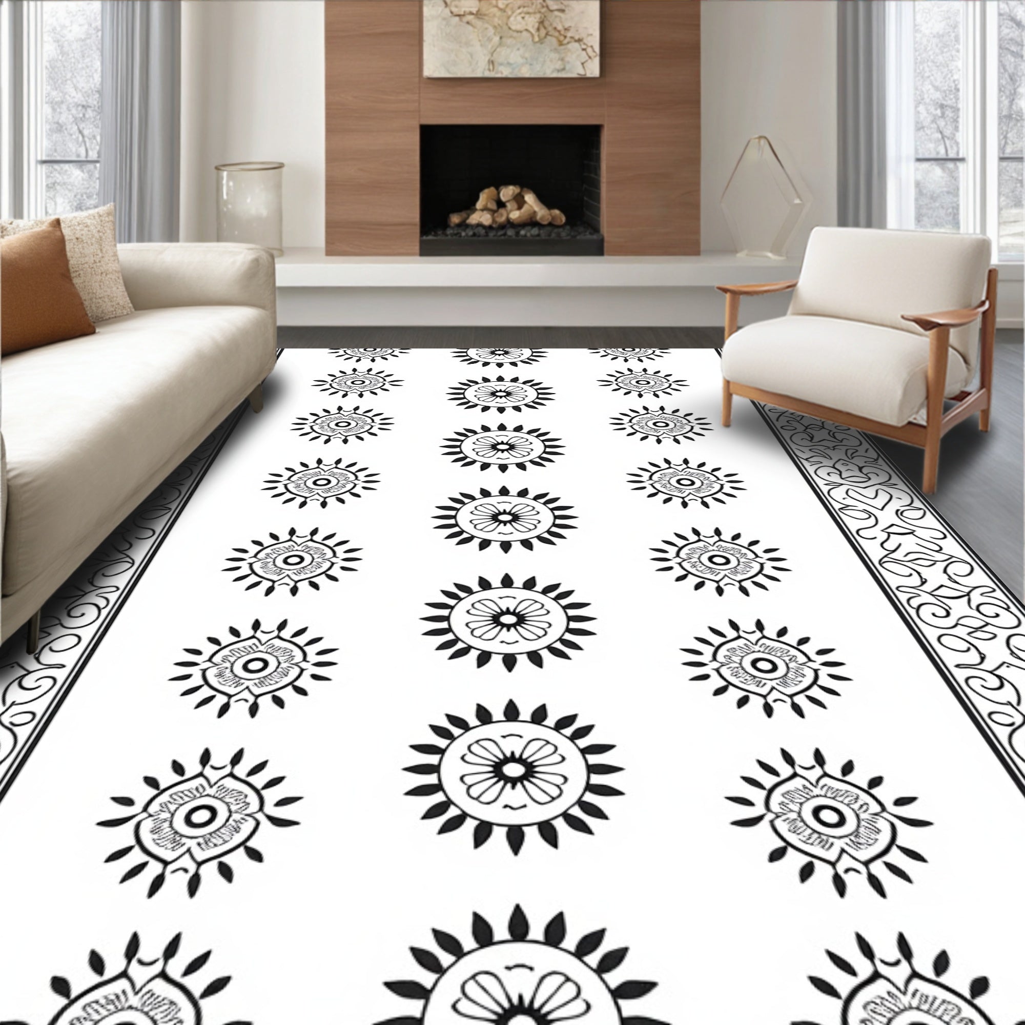 Black White Floral Sunburst Border Rug