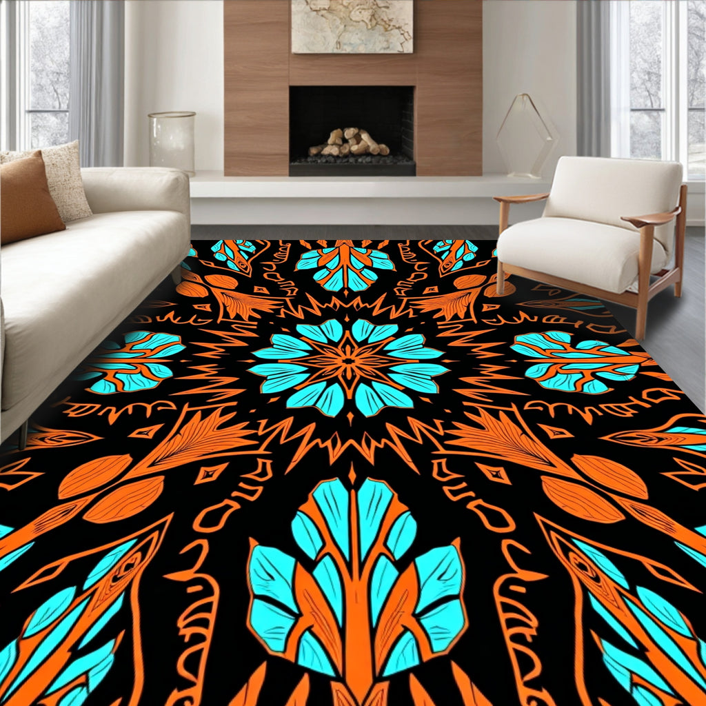 Bold Orange Aqua Mandala Pattern Rug