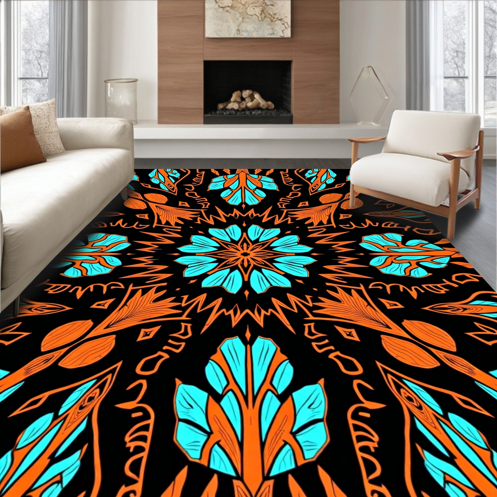 Bold Orange Aqua Mandala Pattern Rug