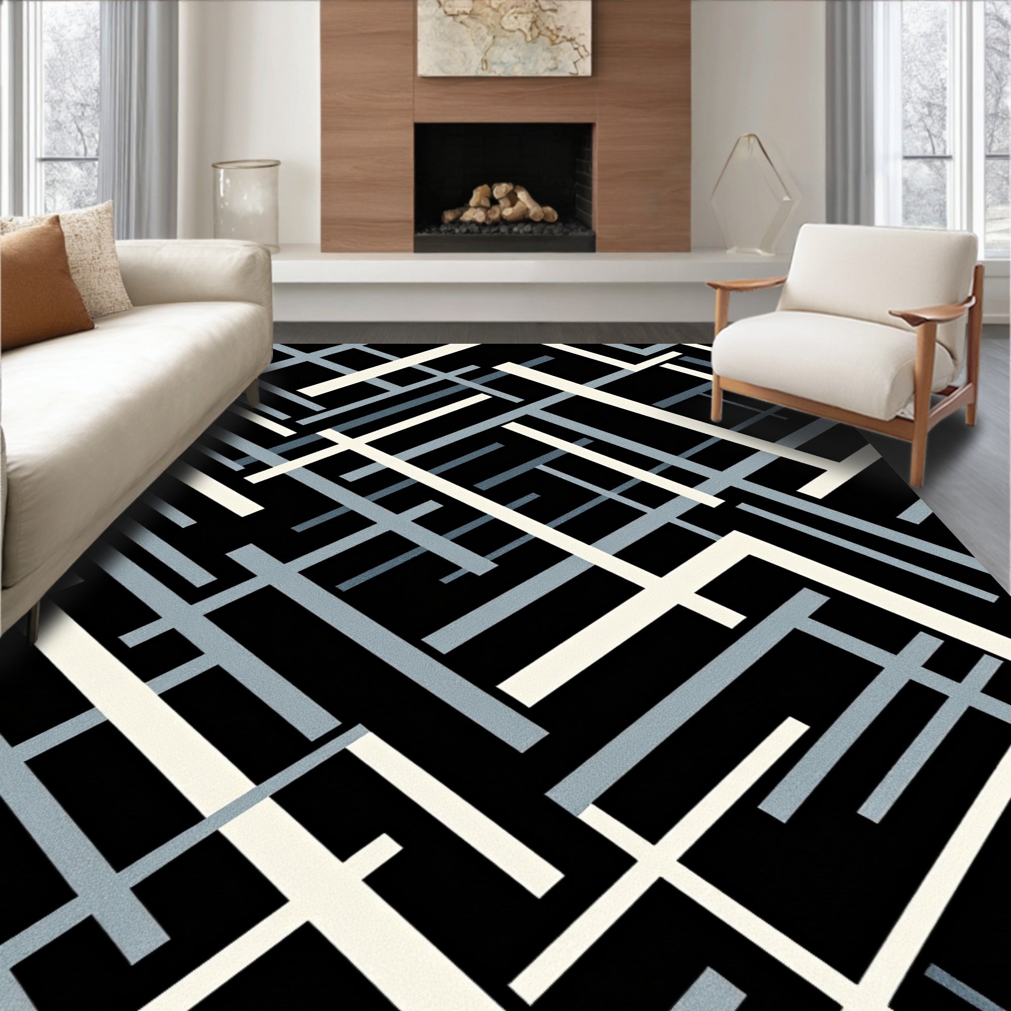 Interlocking Lines Pattern With Gray And Cream Rug