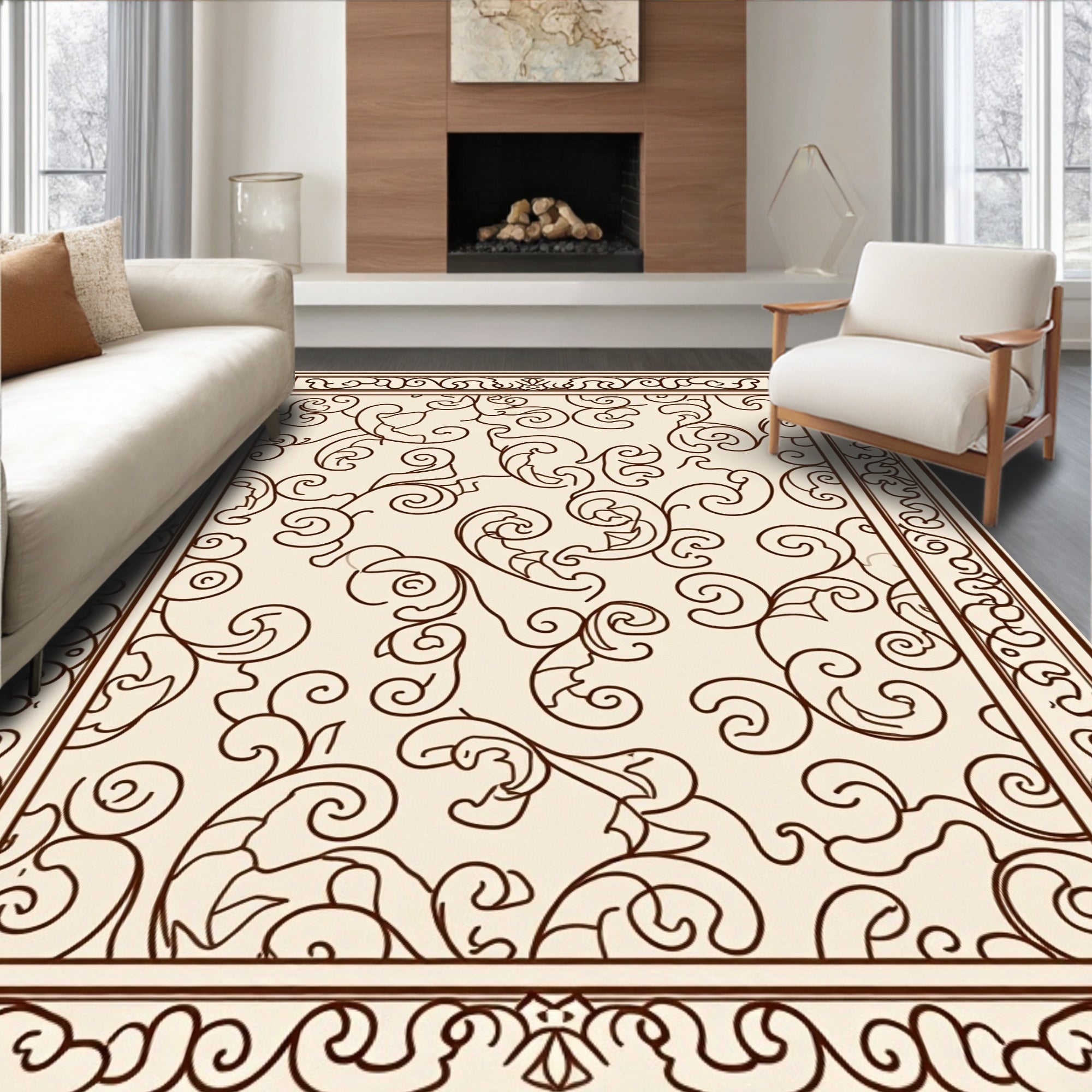 Elegant Scrollwork Cream Brown Pattern Rug
