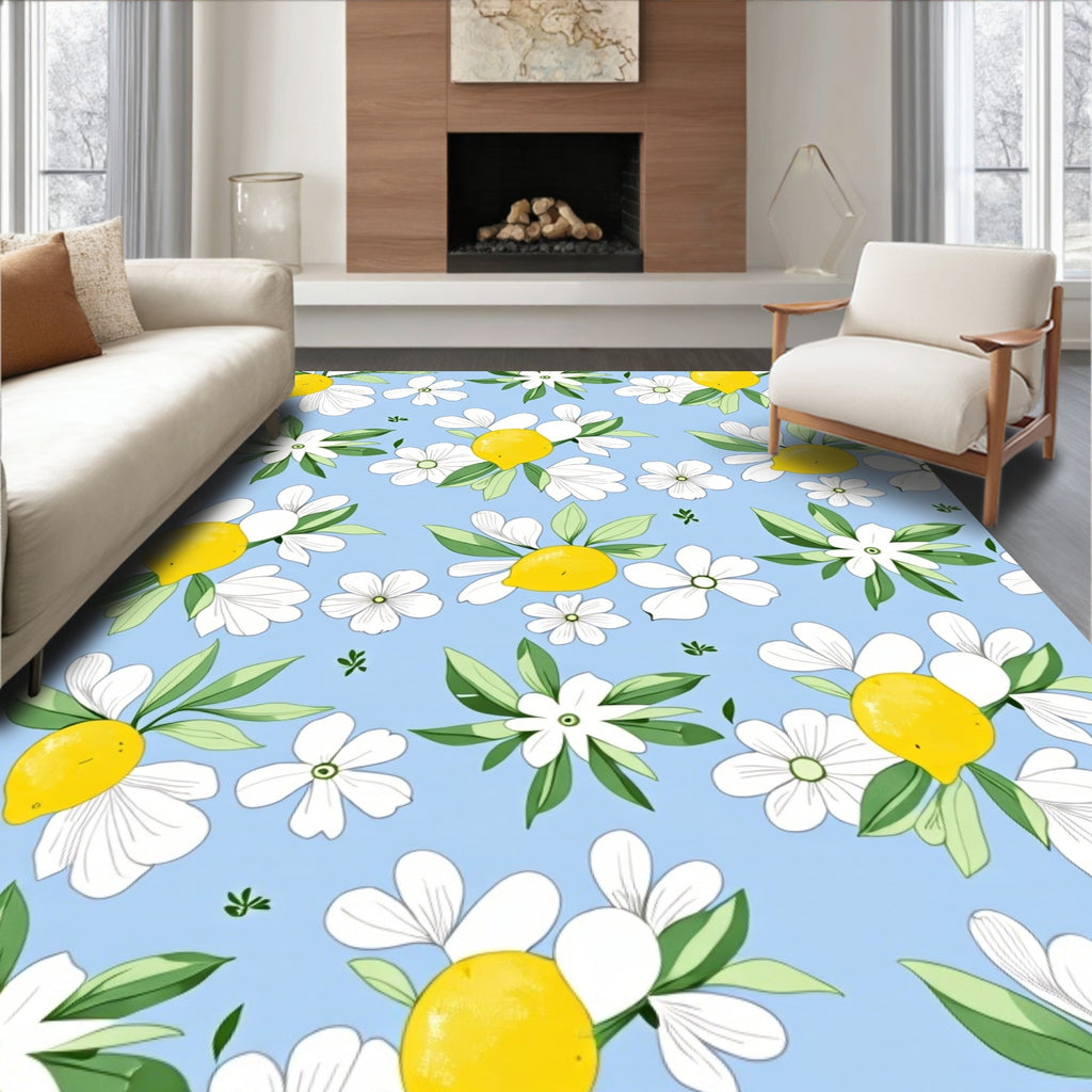 White Floral Lemon Pattern Rug