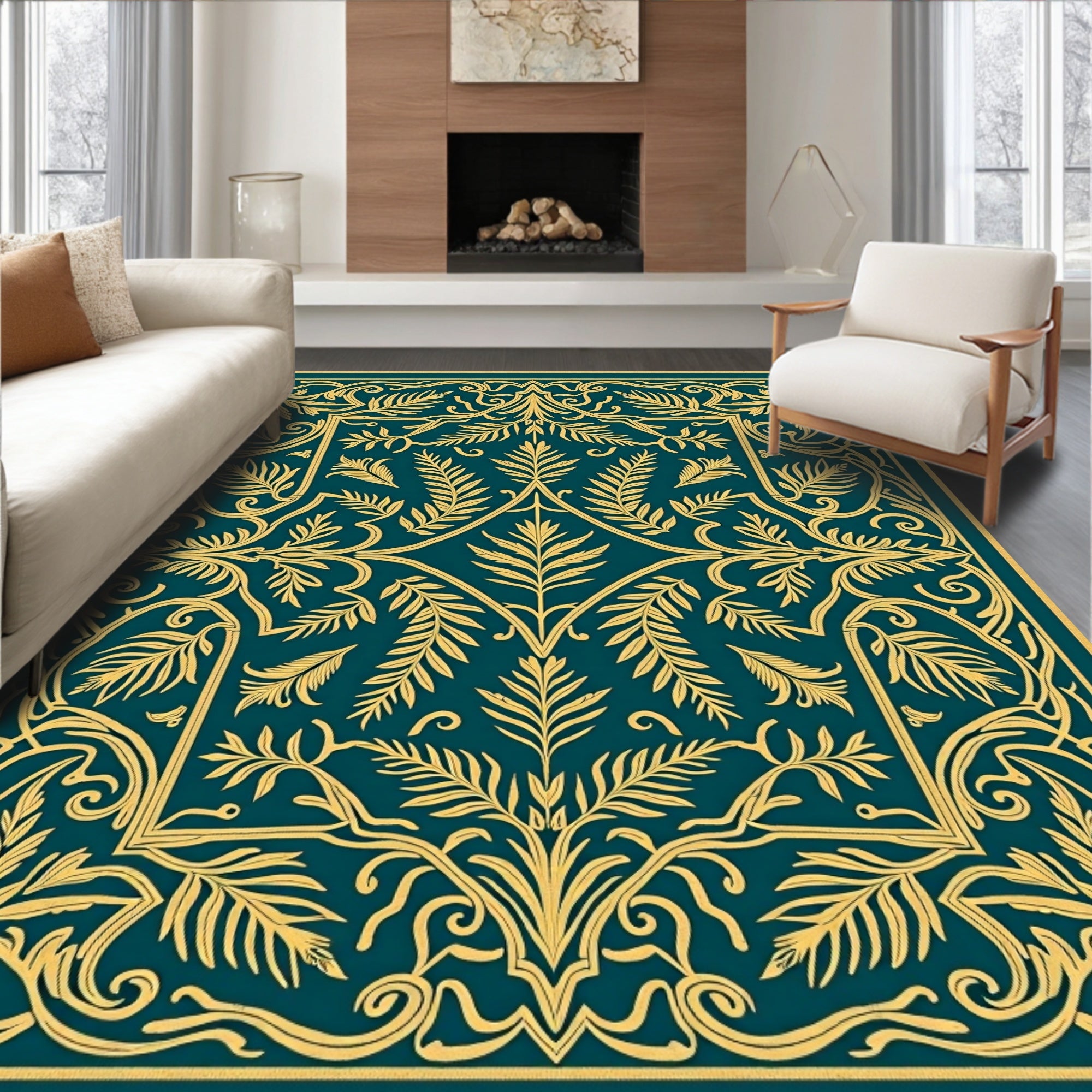 Golden Fern Scrollwork Art Rug