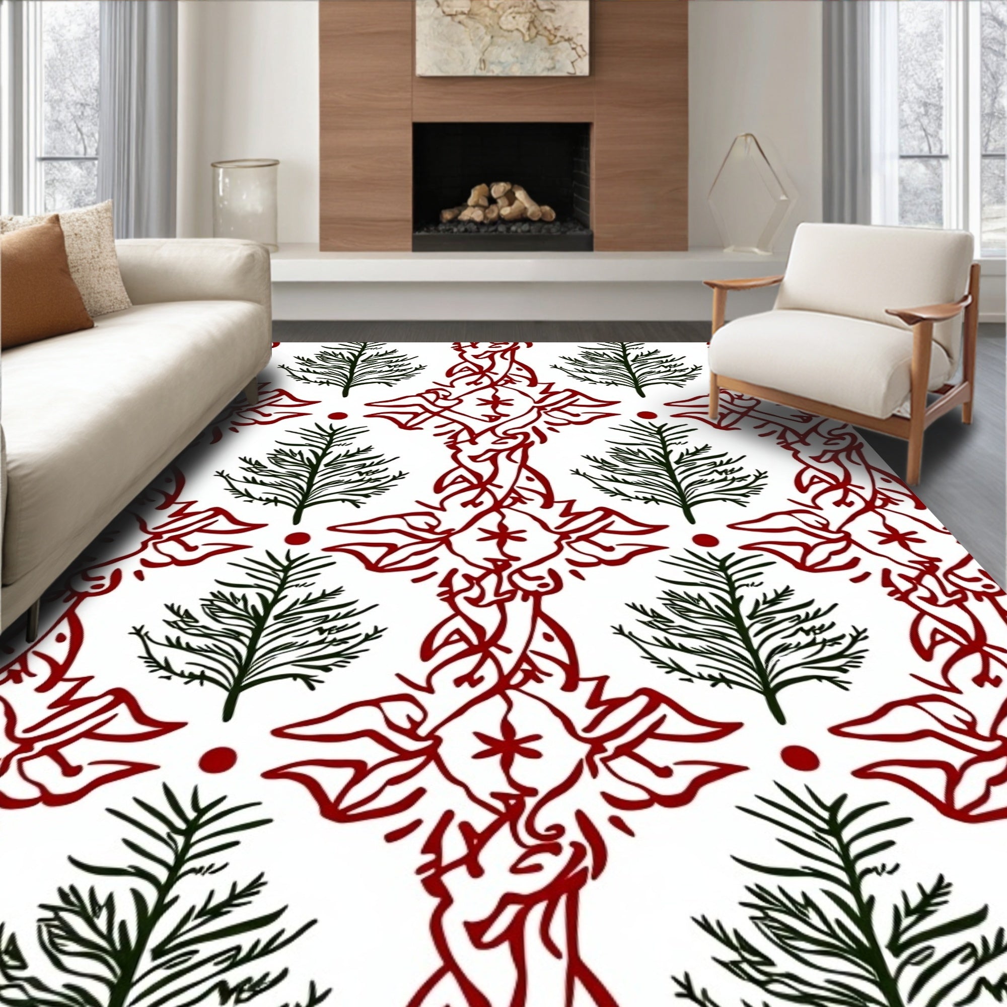 Crimson Red White Abstract Evergreen Motif Rug