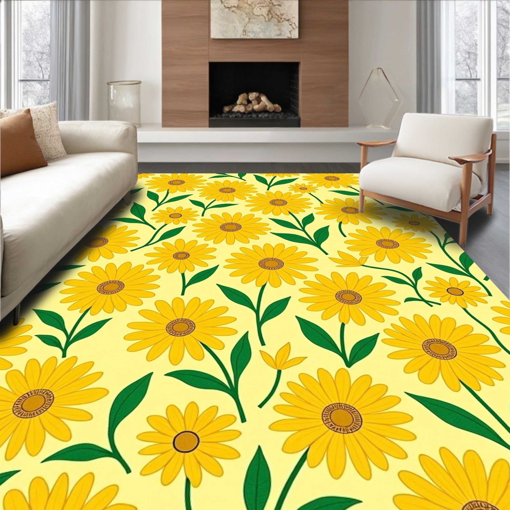 Cheerful Yellow Daisy Floral Pattern Rug