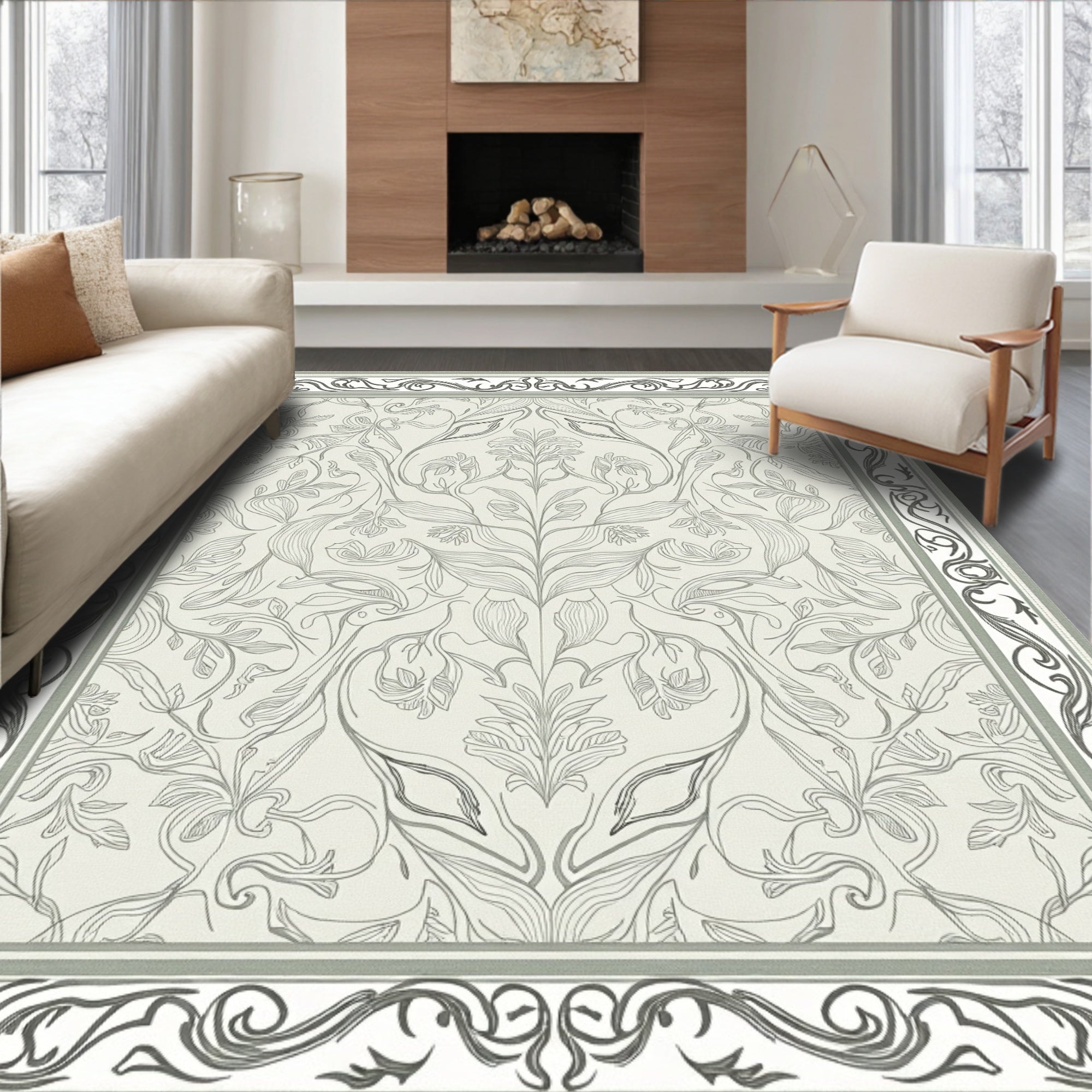 Light Gray Floral Vine Patterned Area Rug