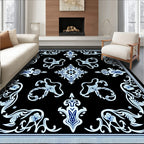 Elegant Blue Floral Medallion Black Rug