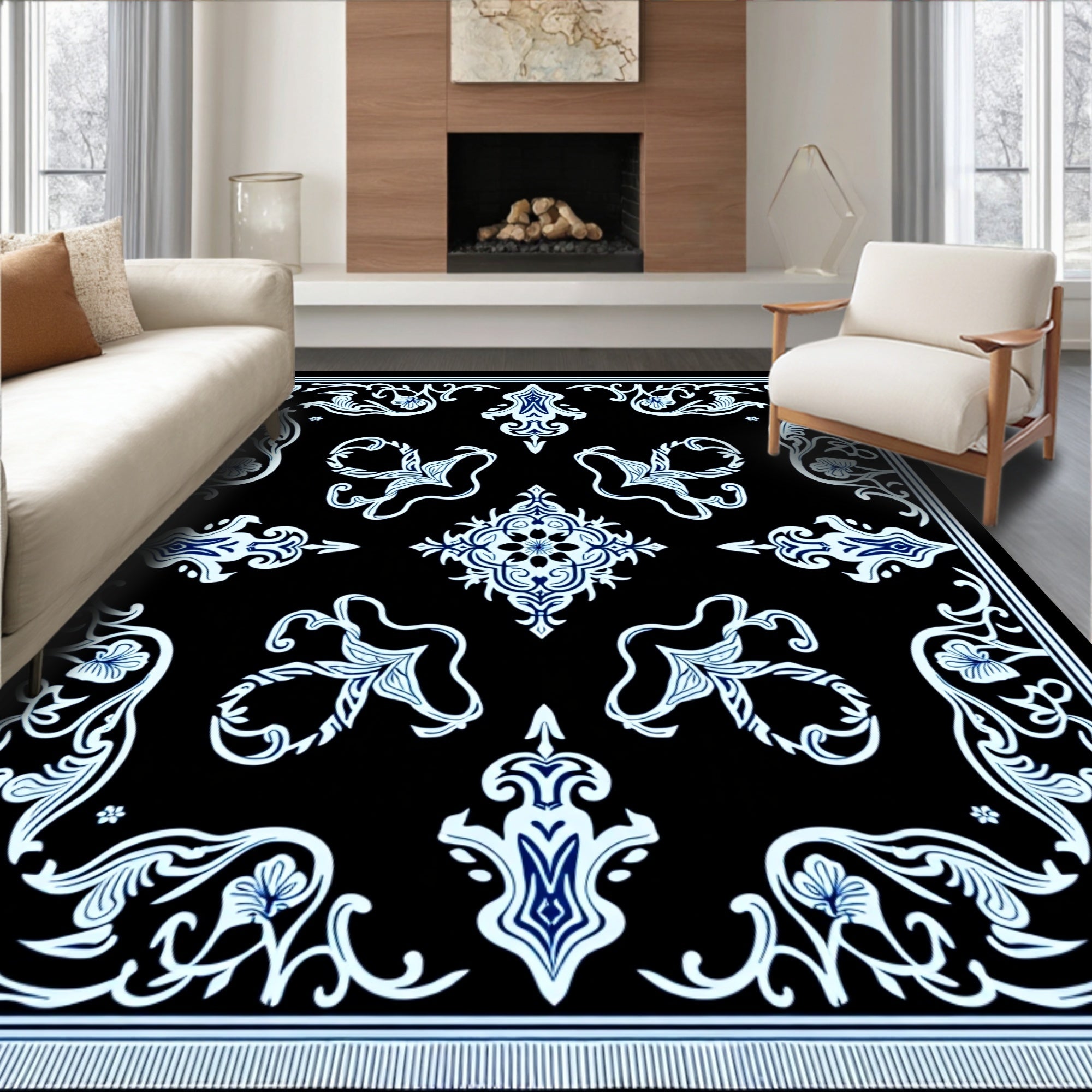 Elegant Blue Floral Medallion Black Rug