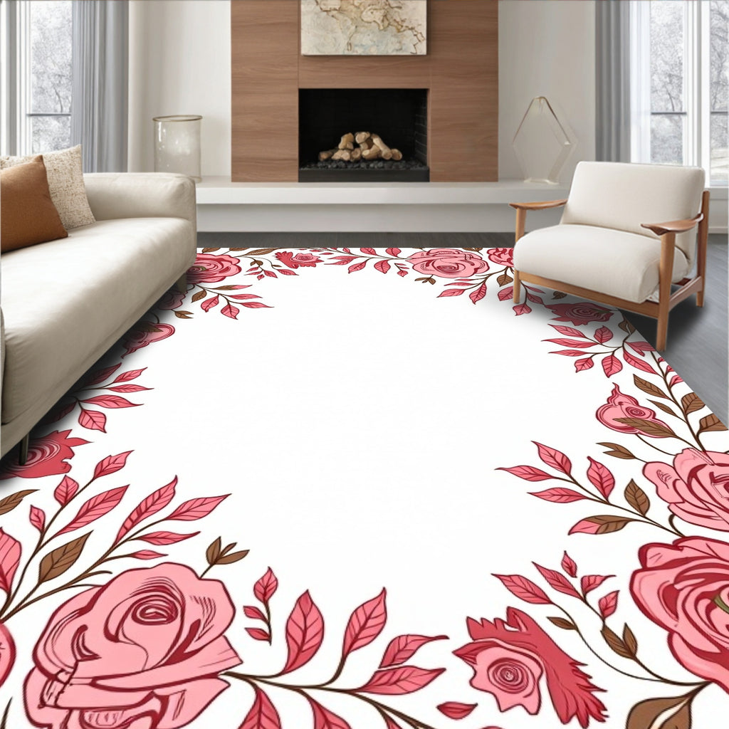 Elegant Pink Rose Vine Border Design Rug