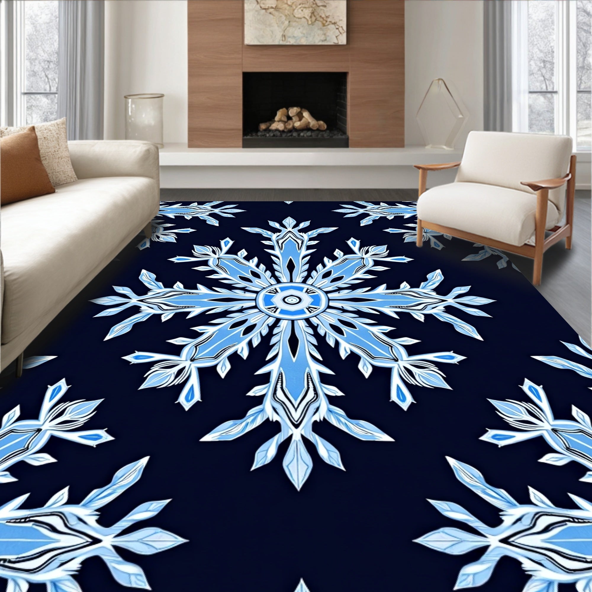 Ice Blue Snowflake Mandala Rug