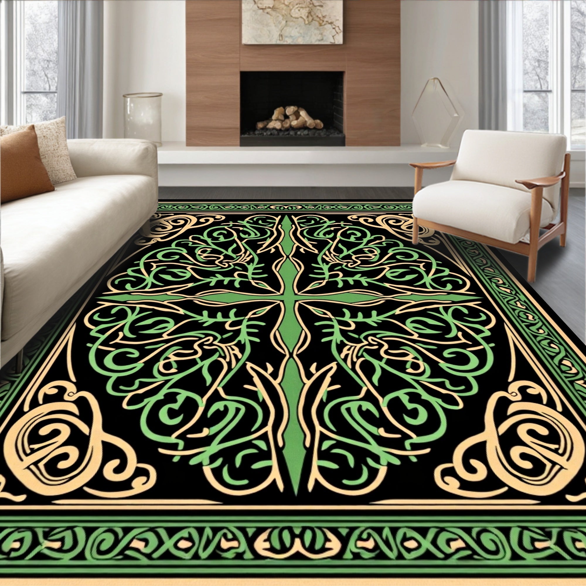 Knotwork Green Vine Scroll Border Rug
