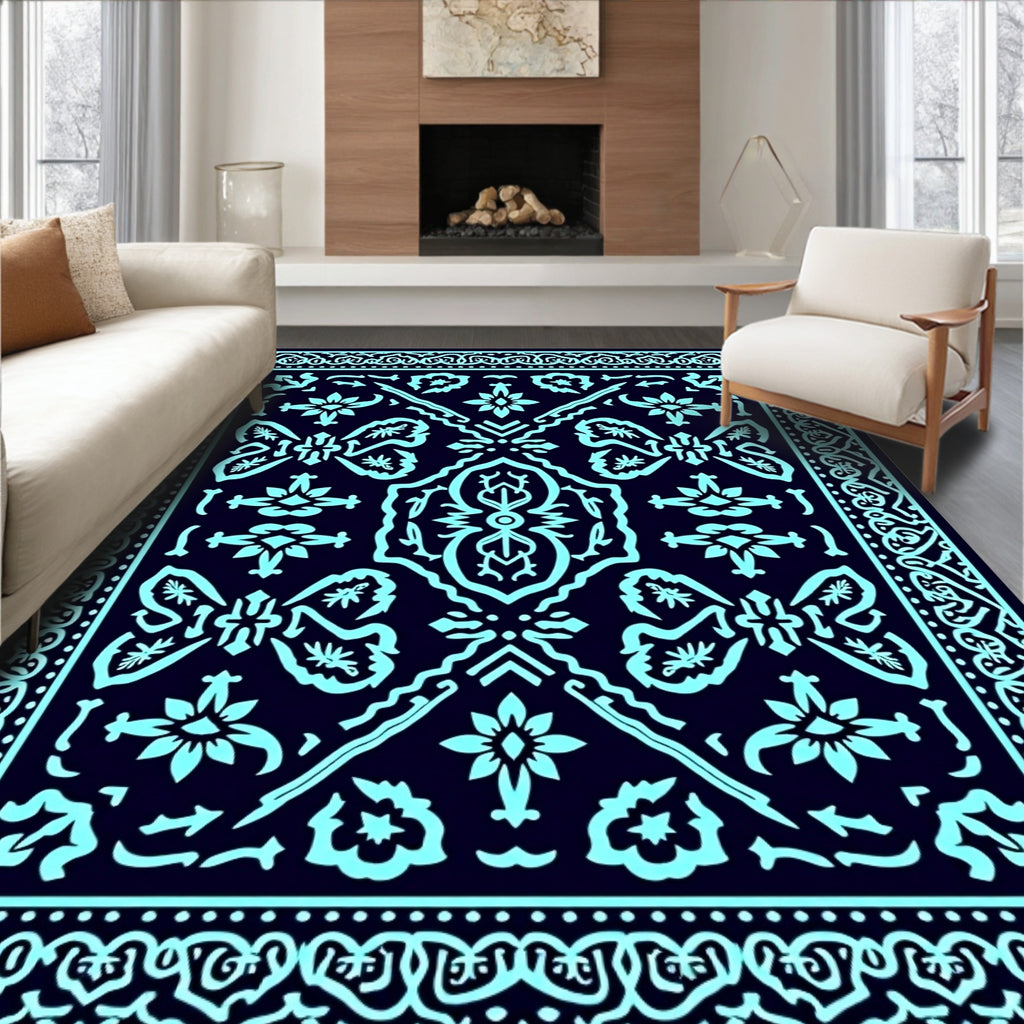 Aqua Floral Symmetrical Pattern Rug