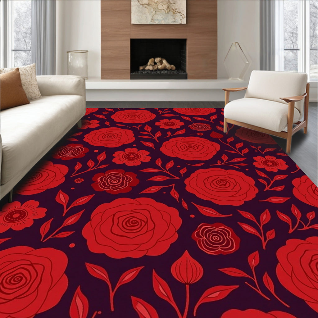 Red Floral Patterned Burgundy Rug