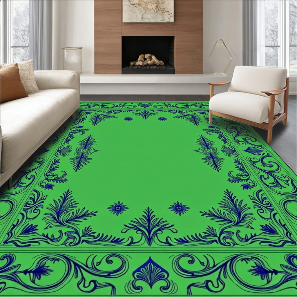 Ornate Green and Blue Scroll Pattern Rug