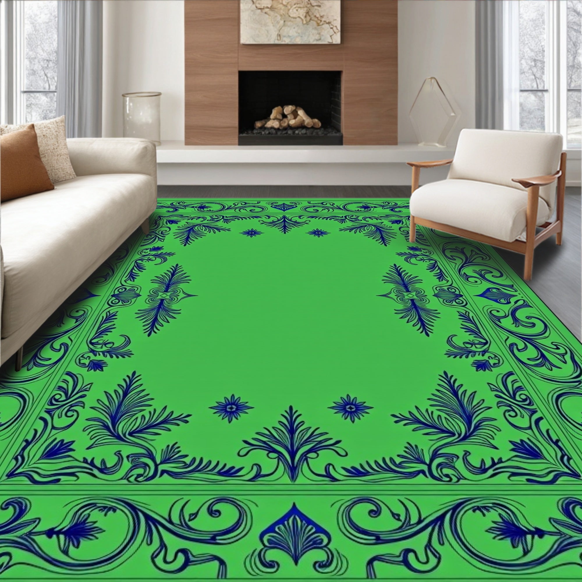 Ornate Green and Blue Scroll Pattern Rug
