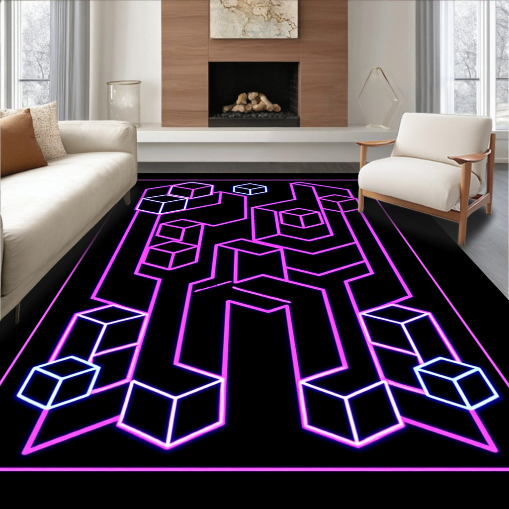 Geometric Cubes In Neon Lines Rug