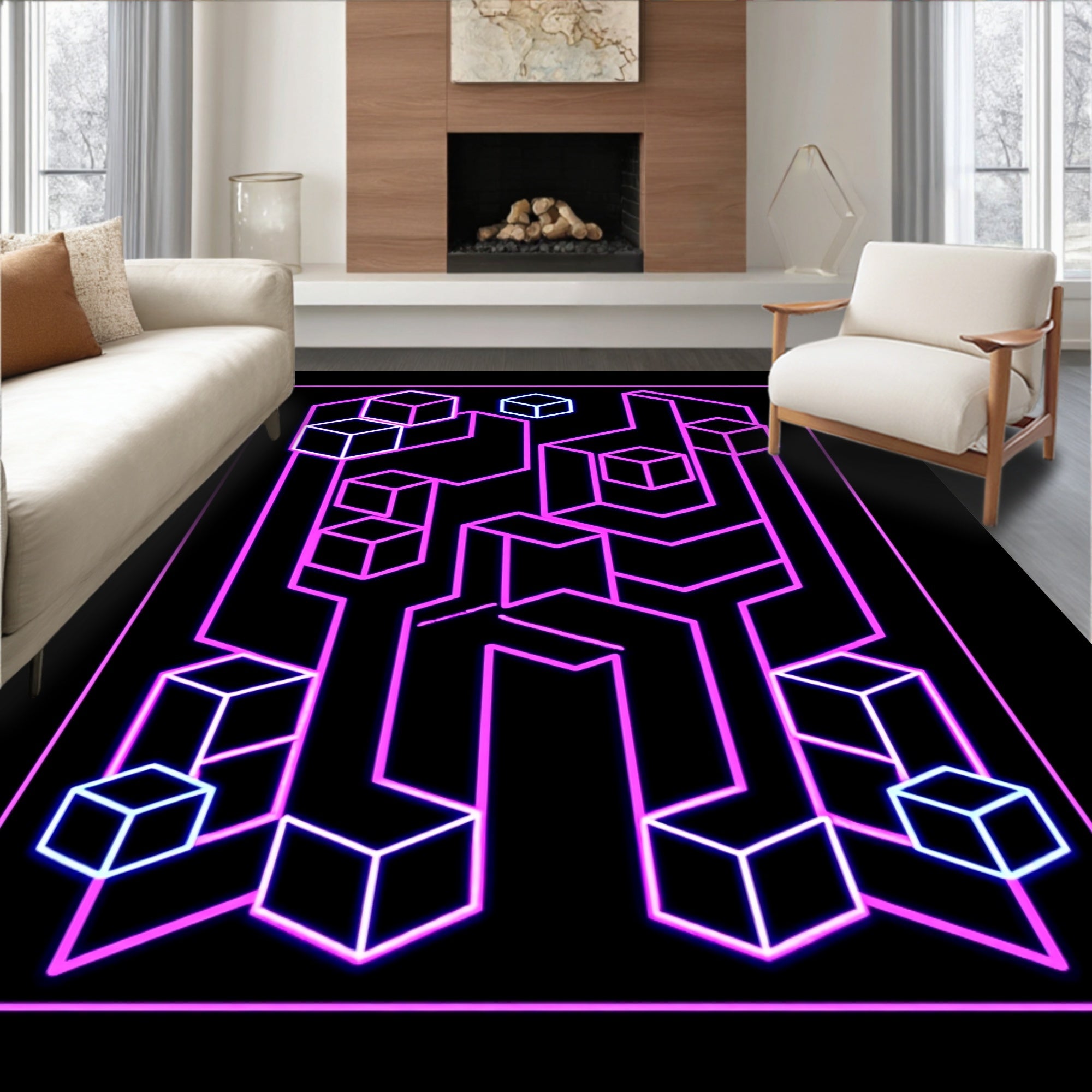 Geometric Cubes In Neon Lines Rug