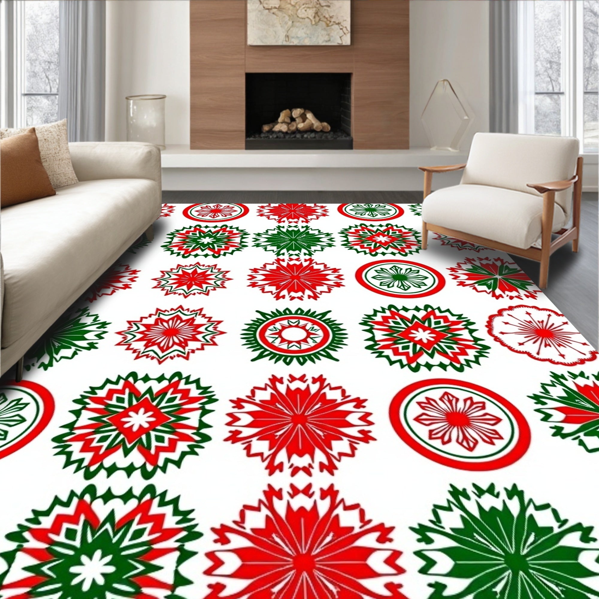 Red Green Starburst Geometric Medley Rug