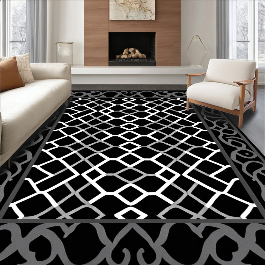 Monochrome Geometric Patterned Accent Rug