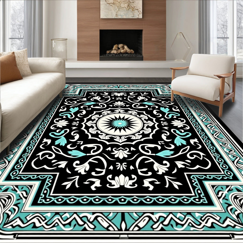 Intricate Turquoise Floral Mandala Design Rug