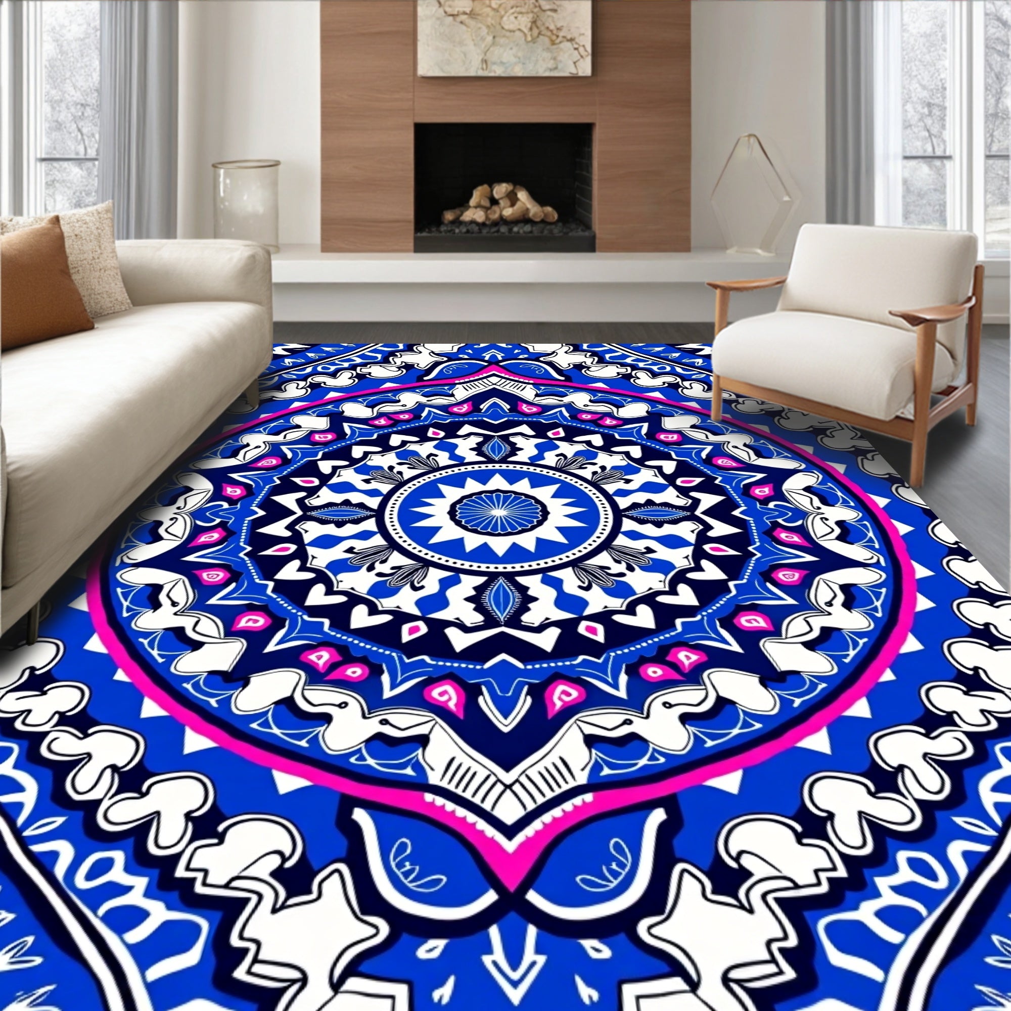 Vibrant Blue Pink Mandala Design Rug