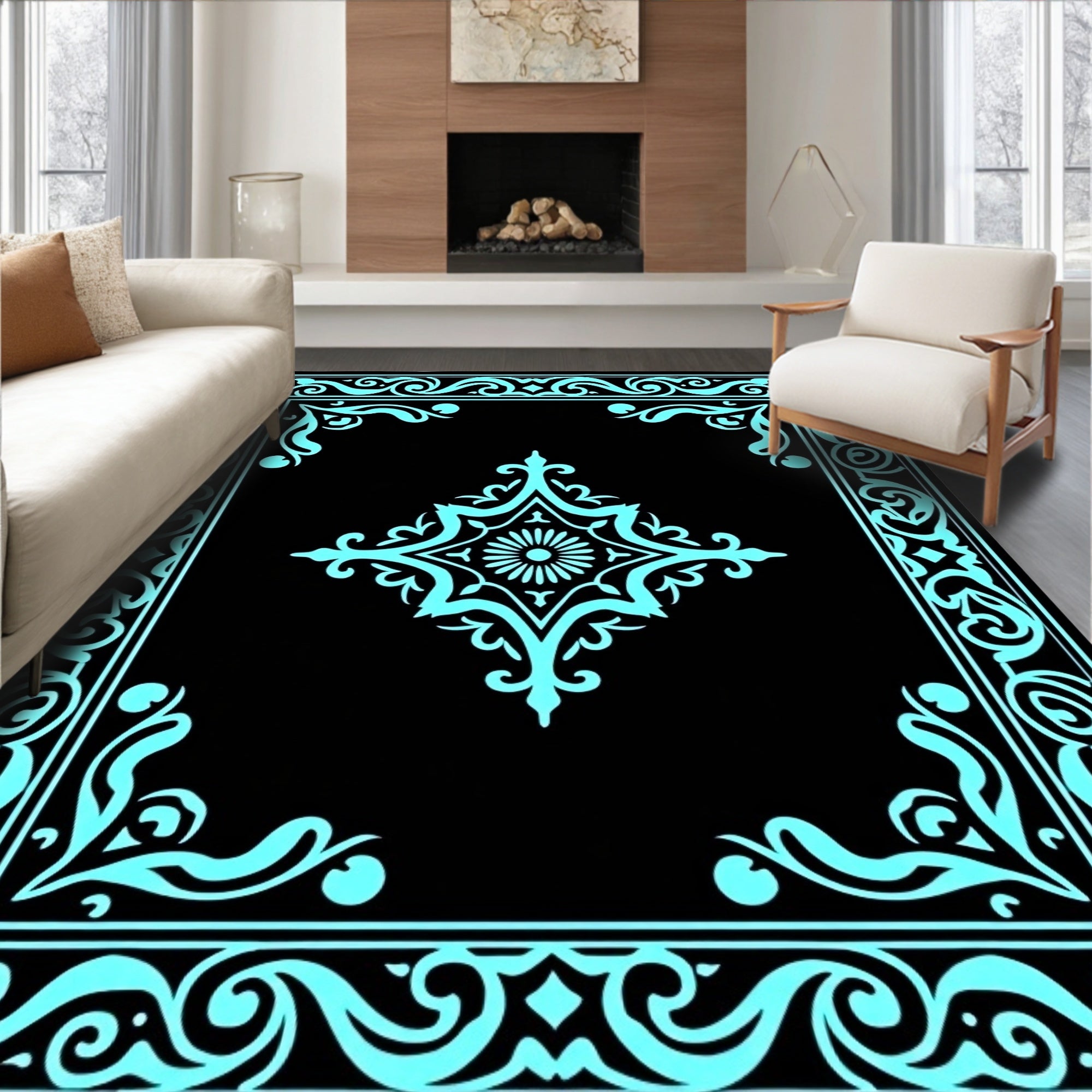 Classic Teal Floral Medallion Frame Rug