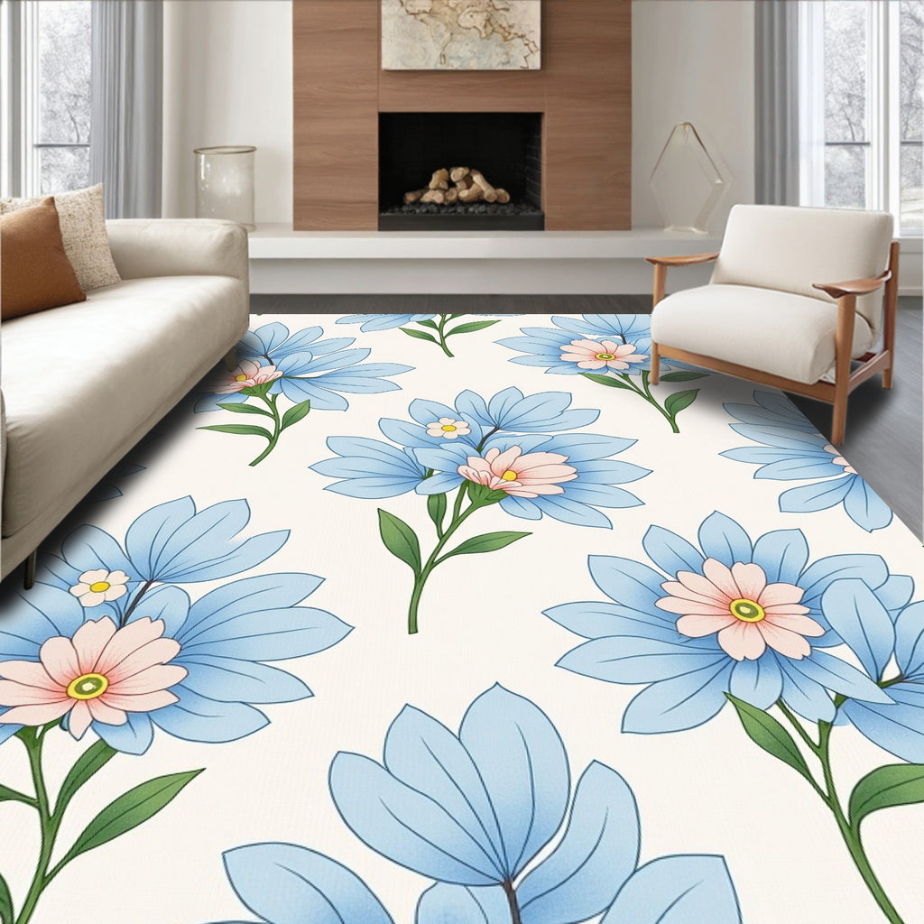 Pastel Blue Garden Floral Pattern Rug